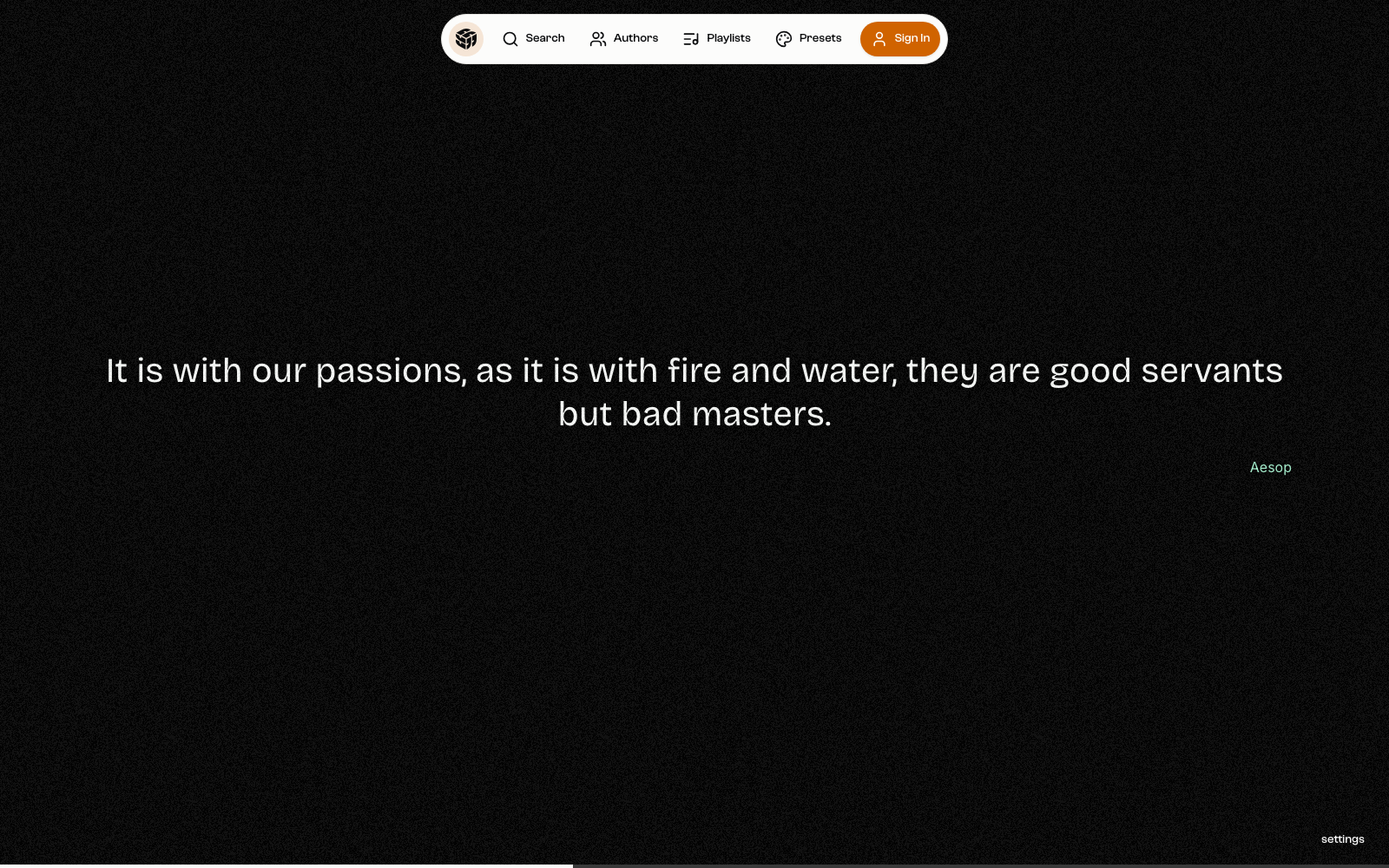 Quote Gallery homepage, a dark cinematic interface presenting a featured quote